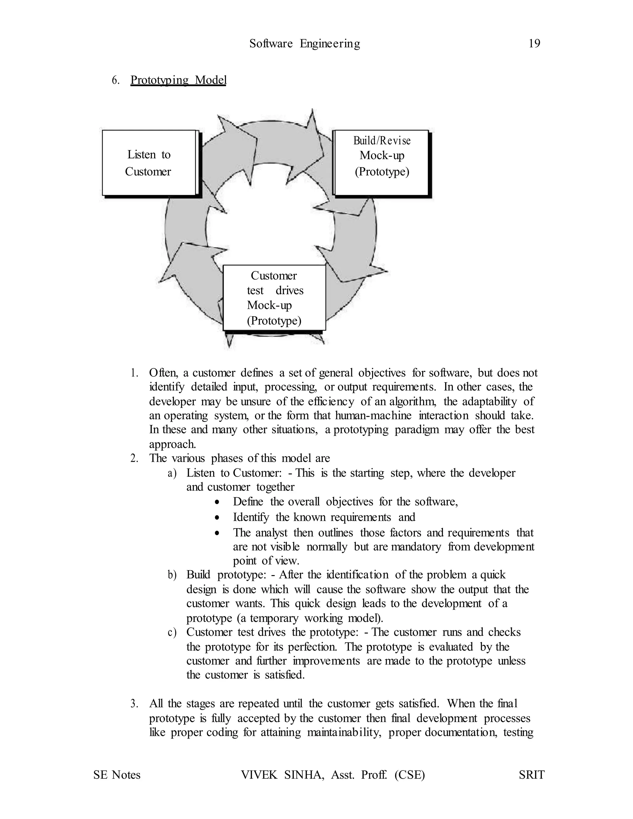 SE Notes VIVEK SINHA, Asst. Proff. (CSE) SRIT
Software Engineering 19
Customer
test drives
Mock-up
(Prototype)
Build/Revise
Mock-up
(Prototype)
Listen to
Customer
6. Prototyping Model
1. Often, a customer defines a set of general objectives for software, but does not
identify detailed input, processing, or output requirements. In other cases, the
developer may be unsure of the efficiency of an algorithm, the adaptability of
an operating system, or the form that human-machine interaction should take.
In these and many other situations, a prototyping paradigm may offer the best
approach.
2. The various phases of this model are
a) Listen to Customer: - This is the starting step, where the developer
and customer together
 Define the overall objectives for the software,
 Identify the known requirements and
 The analyst then outlines those factors and requirements that
are not visible normally but are mandatory from development
point of view.
b) Build prototype: - After the identification of the problem a quick
design is done which will cause the software show the output that the
customer wants. This quick design leads to the development of a
prototype (a temporary working model).
c) Customer test drives the prototype: - The customer runs and checks
the prototype for its perfection. The prototype is evaluated by the
customer and further improvements are made to the prototype unless
the customer is satisfied.
3. All the stages are repeated until the customer gets satisfied. When the final
prototype is fully accepted by the customer then final development processes
like proper coding for attaining maintainability, proper documentation, testing
 