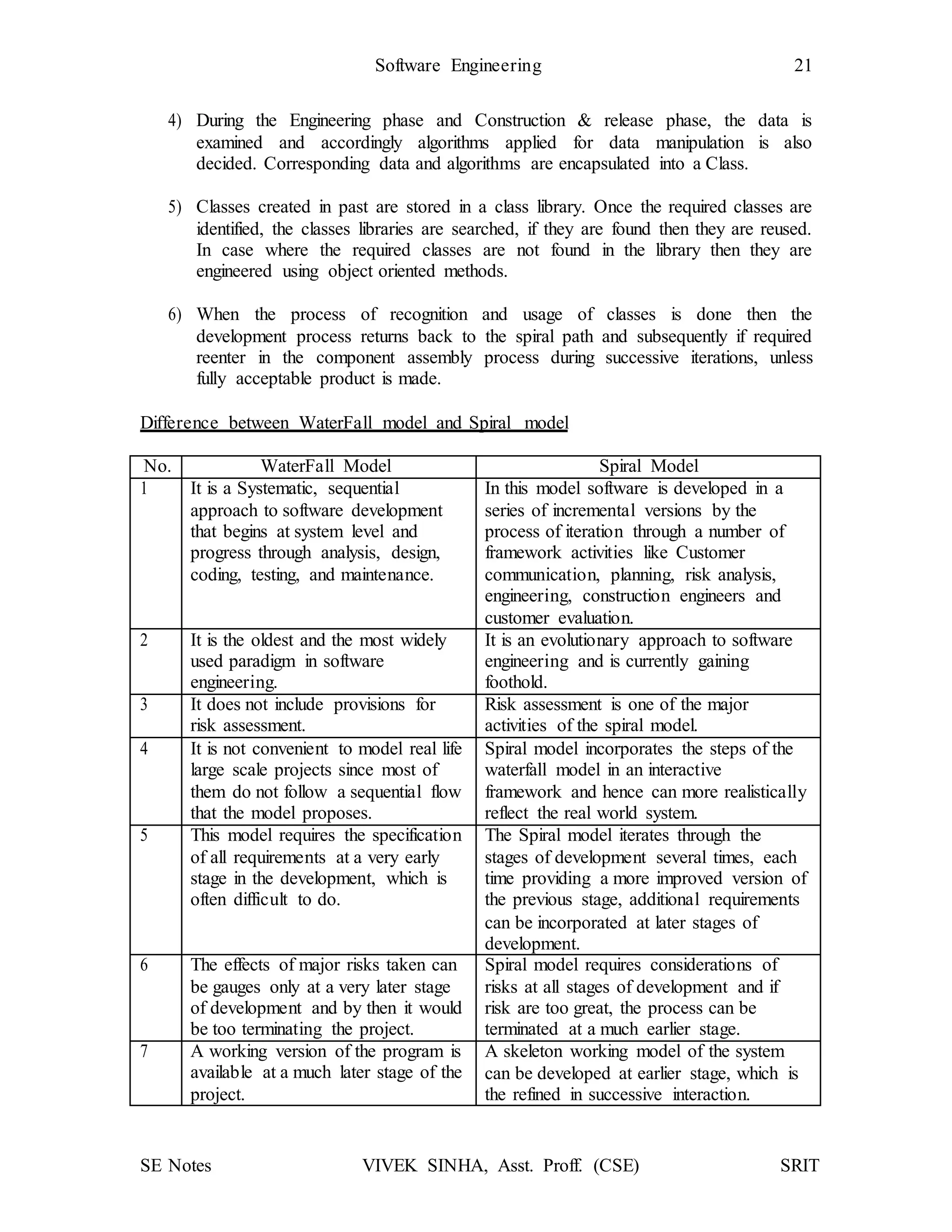 SE Notes VIVEK SINHA, Asst. Proff. (CSE) SRIT
Software Engineering 21
4) During the Engineering phase and Construction & release phase, the data is
examined and accordingly algorithms applied for data manipulation is also
decided. Corresponding data and algorithms are encapsulated into a Class.
5) Classes created in past are stored in a class library. Once the required classes are
identified, the classes libraries are searched, if they are found then they are reused.
In case where the required classes are not found in the library then they are
engineered using object oriented methods.
6) When the process of recognition and usage of classes is done then the
development process returns back to the spiral path and subsequently if required
reenter in the component assembly process during successive iterations, unless
fully acceptable product is made.
Difference between WaterFall model and Spiral model
No. WaterFall Model Spiral Model
1 It is a Systematic, sequential
approach to software development
that begins at system level and
progress through analysis, design,
coding, testing, and maintenance.
In this model software is developed in a
series of incremental versions by the
process of iteration through a number of
framework activities like Customer
communication, planning, risk analysis,
engineering, construction engineers and
customer evaluation.
2 It is the oldest and the most widely
used paradigm in software
engineering.
It is an evolutionary approach to software
engineering and is currently gaining
foothold.
3 It does not include provisions for
risk assessment.
Risk assessment is one of the major
activities of the spiral model.
4 It is not convenient to model real life
large scale projects since most of
them do not follow a sequential flow
that the model proposes.
Spiral model incorporates the steps of the
waterfall model in an interactive
framework and hence can more realistically
reflect the real world system.
5 This model requires the specification
of all requirements at a very early
stage in the development, which is
often difficult to do.
The Spiral model iterates through the
stages of development several times, each
time providing a more improved version of
the previous stage, additional requirements
can be incorporated at later stages of
development.
6 The effects of major risks taken can
be gauges only at a very later stage
of development and by then it would
be too terminating the project.
Spiral model requires considerations of
risks at all stages of development and if
risk are too great, the process can be
terminated at a much earlier stage.
7 A working version of the program is
available at a much later stage of the
project.
A skeleton working model of the system
can be developed at earlier stage, which is
the refined in successive interaction.
 