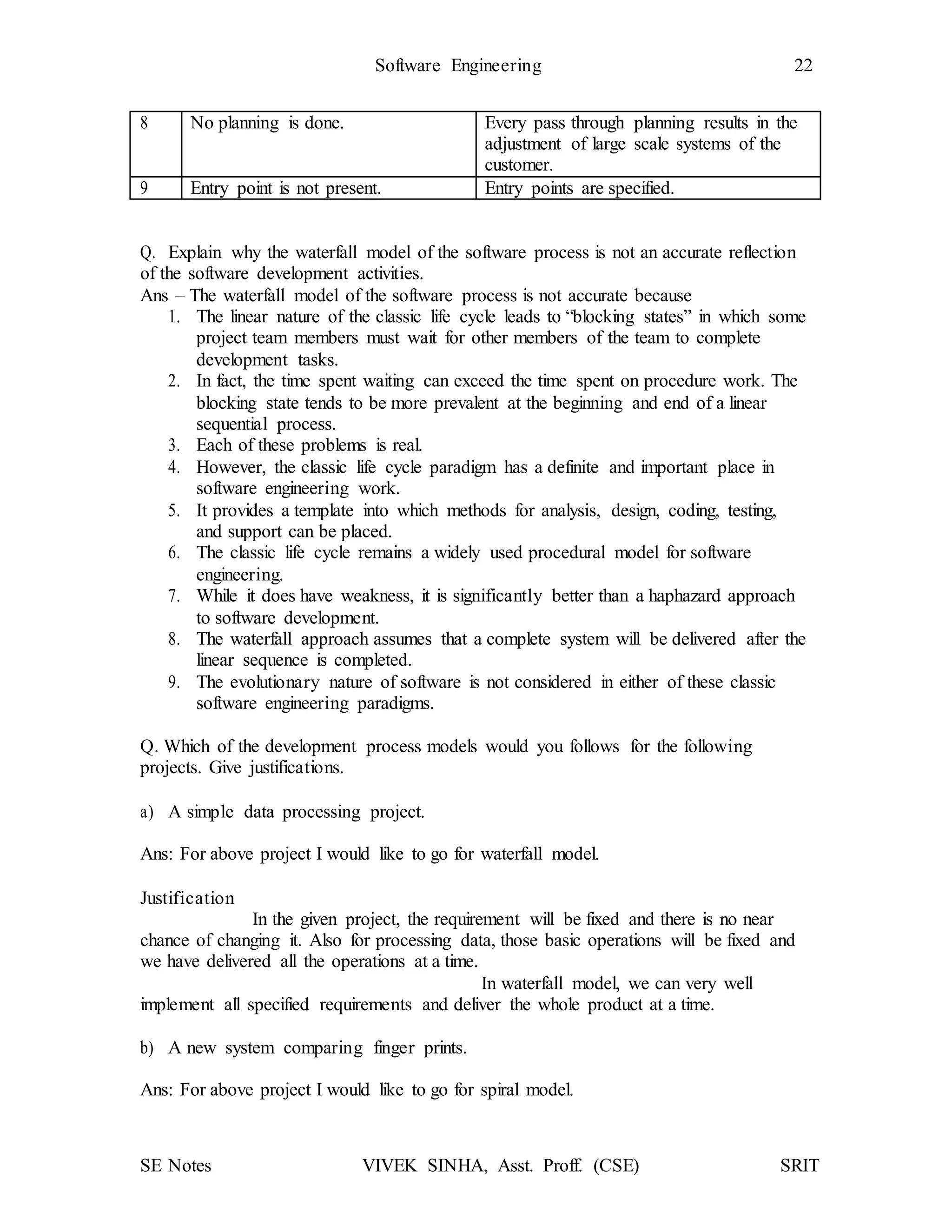 SE Notes VIVEK SINHA, Asst. Proff. (CSE) SRIT
Software Engineering 22
8 No planning is done. Every pass through planning results in the
adjustment of large scale systems of the
customer.
9 Entry point is not present. Entry points are specified.
Q. Explain why the waterfall model of the software process is not an accurate reflection
of the software development activities.
Ans – The waterfall model of the software process is not accurate because
1. The linear nature of the classic life cycle leads to “blocking states” in which some
project team members must wait for other members of the team to complete
development tasks.
2. In fact, the time spent waiting can exceed the time spent on procedure work. The
blocking state tends to be more prevalent at the beginning and end of a linear
sequential process.
3. Each of these problems is real.
4. However, the classic life cycle paradigm has a definite and important place in
software engineering work.
5. It provides a template into which methods for analysis, design, coding, testing,
and support can be placed.
6. The classic life cycle remains a widely used procedural model for software
engineering.
7. While it does have weakness, it is significantly better than a haphazard approach
to software development.
8. The waterfall approach assumes that a complete system will be delivered after the
linear sequence is completed.
9. The evolutionary nature of software is not considered in either of these classic
software engineering paradigms.
Q. Which of the development process models would you follows for the following
projects. Give justifications.
a) A simple data processing project.
Ans: For above project I would like to go for waterfall model.
Justification
In the given project, the requirement will be fixed and there is no near
chance of changing it. Also for processing data, those basic operations will be fixed and
we have delivered all the operations at a time.
In waterfall model, we can very well
implement all specified requirements and deliver the whole product at a time.
b) A new system comparing finger prints.
Ans: For above project I would like to go for spiral model.
 