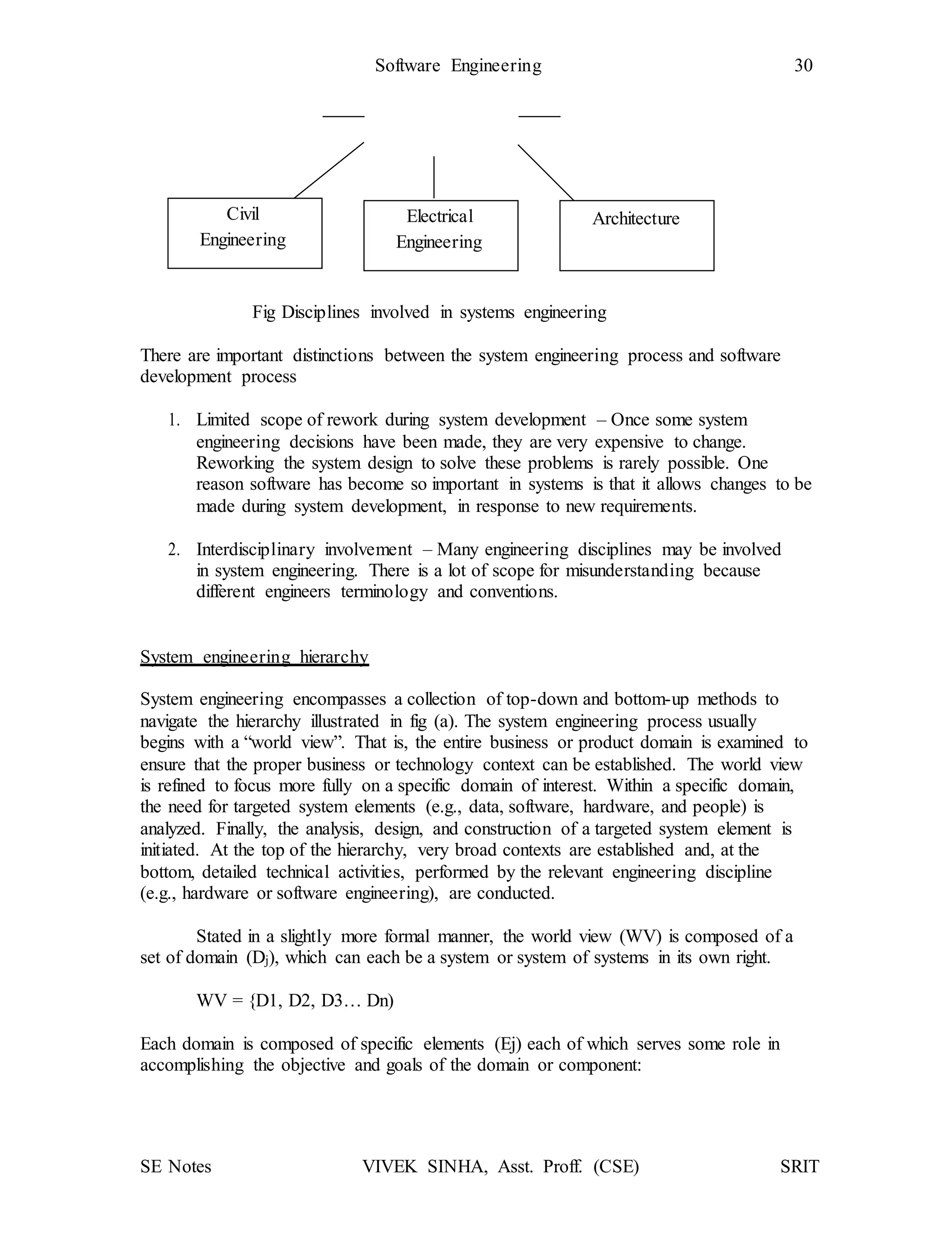 SE Notes VIVEK SINHA, Asst. Proff. (CSE) SRIT
Software Engineering 30
Electrical
Engineering
Architecture
Fig Disciplines involved in systems engineering
There are important distinctions between the system engineering process and software
development process
1. Limited scope of rework during system development – Once some system
engineering decisions have been made, they are very expensive to change.
Reworking the system design to solve these problems is rarely possible. One
reason software has become so important in systems is that it allows changes to be
made during system development, in response to new requirements.
2. Interdisciplinary involvement – Many engineering disciplines may be involved
in system engineering. There is a lot of scope for misunderstanding because
different engineers terminology and conventions.
System engineering hierarchy
System engineering encompasses a collection of top-down and bottom-up methods to
navigate the hierarchy illustrated in fig (a). The system engineering process usually
begins with a “world view”. That is, the entire business or product domain is examined to
ensure that the proper business or technology context can be established. The world view
is refined to focus more fully on a specific domain of interest. Within a specific domain,
the need for targeted system elements (e.g., data, software, hardware, and people) is
analyzed. Finally, the analysis, design, and construction of a targeted system element is
initiated. At the top of the hierarchy, very broad contexts are established and, at the
bottom, detailed technical activities, performed by the relevant engineering discipline
(e.g., hardware or software engineering), are conducted.
Stated in a slightly more formal manner, the world view (WV) is composed of a
set of domain (Dj), which can each be a system or system of systems in its own right.
WV = {D1, D2, D3… Dn)
Each domain is composed of specific elements (Ej) each of which serves some role in
accomplishing the objective and goals of the domain or component:
Civil
Engineering
 