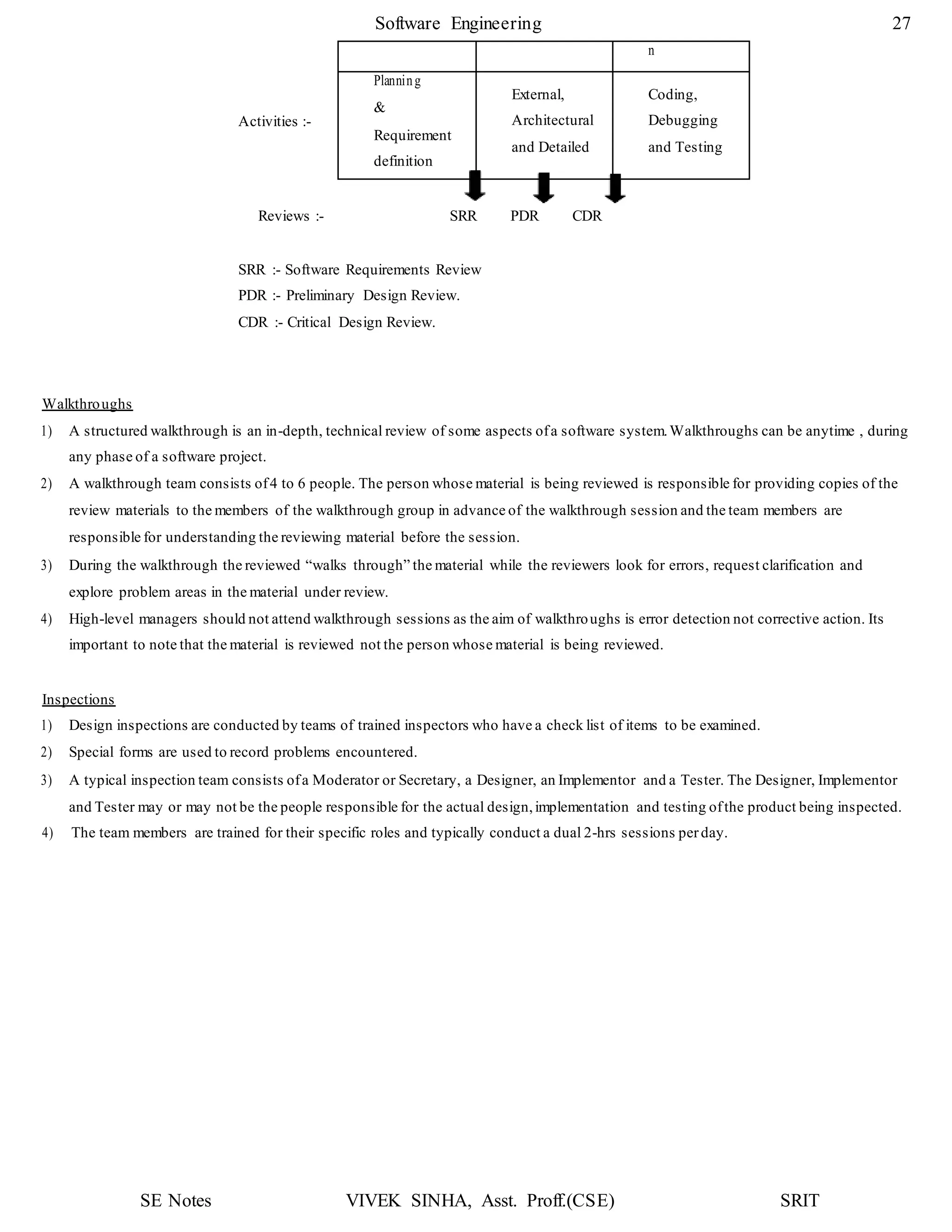 SE Notes VIVEK SINHA, Asst. Proff.(CSE) SRIT
Software Engineering 27
Activities :-
Reviews :- SRR PDR CDR
SRR :- Software Requirements Review
PDR :- Preliminary Design Review.
CDR :- Critical Design Review.
Walkthroughs
1) A structured walkthrough is an in-depth, technical review of some aspects ofa software system.Walkthroughs can be anytime , during
any phase of a software project.
2) A walkthrough team consists of4 to 6 people. The person whose material is being reviewed is responsible for providing copies of the
review materials to the members of the walkthrough group in advance of the walkthrough session and the team members are
responsible for understanding the reviewing material before the session.
3) During the walkthrough the reviewed “walks through” the material while the reviewers look for errors, request clarification and
explore problem areas in the material under review.
4) High-level managers should not attend walkthrough sessions as the aim of walkthroughs is error detection not corrective action. Its
important to note that the material is reviewed not the person whose material is being reviewed.
Inspections
1) Design inspections are conducted by teams of trained inspectors who have a check list of items to be examined.
2) Special forms are used to record problems encountered.
3) A typical inspection team consists ofa Moderator or Secretary, a Designer, an Implementor and a Tester. The Designer, Implementor
and Tester may or may not be the people responsible for the actual design,implementation and testing ofthe product being inspected.
4) The team members are trained for their specific roles and typically conduct a dual 2-hrs sessions perday.
n
Planning
&
Requirement
definition
External,
Architectural
and Detailed
Coding,
Debugging
and Testing
 