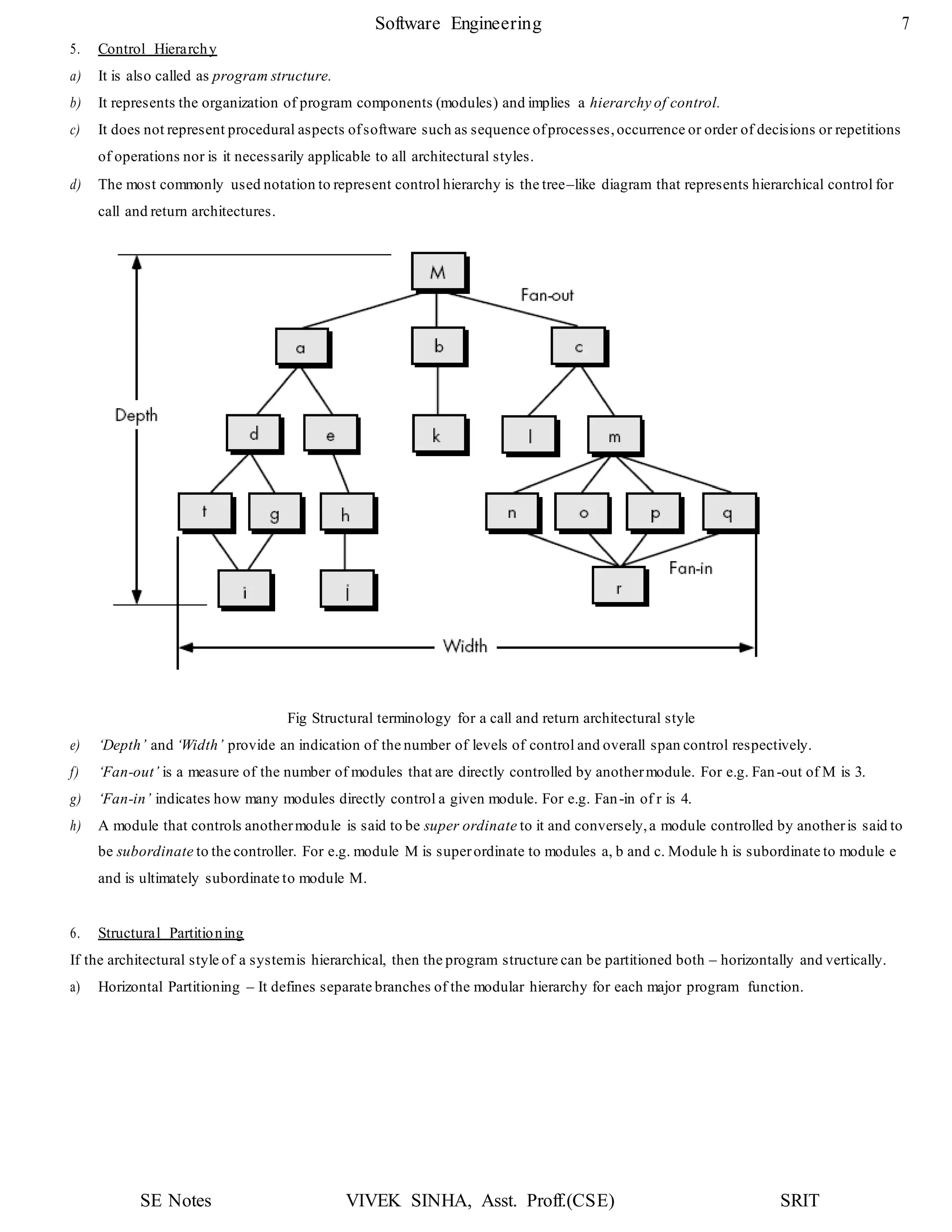 Software Engineering 7
SE Notes VIVEK SINHA, Asst. Proff.(CSE) SRIT
5. Control Hierarchy
a) It is also called as program structure.
b) It represents the organization of program components (modules) and implies a hierarchy of control.
c) It does not represent procedural aspects ofsoftware such as sequence ofprocesses,occurrence or order of decisions or repetitions
of operations nor is it necessarily applicable to all architectural styles.
d) The most commonly used notation to represent control hierarchy is the tree–like diagram that represents hierarchical control for
call and return architectures.
Fig Structural terminology for a call and return architectural style
e) ‘Depth’ and ‘Width’ provide an indication of the number of levels of control and overall span control respectively.
f) ‘Fan-out’ is a measure of the number of modules that are directly controlled by anothermodule. For e.g. Fan-out of M is 3.
g) ‘Fan-in’ indicates how many modules directly control a given module. For e.g. Fan-in of r is 4.
h) A module that controls anothermodule is said to be super ordinate to it and conversely,a module controlled by anotheris said to
be subordinate to the controller. For e.g. module M is superordinate to modules a, b and c. Module h is subordinate to module e
and is ultimately subordinate to module M.
6. Structural Partitioning
If the architectural style of a systemis hierarchical, then the program structure can be partitioned both – horizontally and vertically.
a) Horizontal Partitioning – It defines separate branches of the modular hierarchy for each major program function.
 
