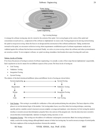 Software Engineering 24
SE Notes VIVEK SINHA, Asst. Proff. (CSE) SRIT
Fig A testing Strategy
A strategy for software testing may also be viewed in the context of the spiral. Unit testing begins at the vortex of the spiral and
concentrates on each unit (i.e., component) of the software as implemented in source code.Testing progresses by moving outwa rd along
the spiral to integration testing, where the focus is on design and the construction of the software architecture. Taking anotherturn
outward on the spiral, we encounter validation testing, where requirements established as part of software requirements analysis are
validated against the software that has been constructed.Finally, we arrive at system testing,where the software and othersystemelements
are tested as a whole. To test computer software, we spiral out along streamlines that broaden the scope of testing with each turn.
Various Levels of Testing
If we focus the process of testing in context of software engineering, it is actually a series of four steps that are implemented sequentially.
Each step known as level is meant for test different aspects of the system. The basic levels of testing are
 Unit Testing
 Validation Testing
 Integration Testing
 System Testing
The relation of the fault introduced indifferent phase and different levels of testing are shown below:
System engineering System Testing
Requirement Validation Testing
Design Integration Testing
Code Unit Testing
1. Unit Testing – This testing is essentially for verification of the code produced during the code phase.The basic objective of this
phase is to test the internal logic of the module. Unit testing makes heavy use of the white box testing technique,exercising
specific path in a module control structure to ensure complete coverage and maximum error detection. In Unit testing the modu le
interface is tested to ensure that information properly flows into and out of the program unit. Also the data structure is tested to
ensure that data stored temporarily maintain its integrity during execution or not.
2. Integration Testing – This testing uses the address of verification and program construction.Black box testing technique is
widely used in this testing strategy although limited amount of white box testing may be used to ensure coverage of control paths.
The basic emphasis of this testing the interfaces between the modules.
 