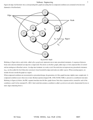 Software Engineering 7
SE Notes VIVEK SINHA, Asst. Proff. (CSE) SRIT
Figure (d) maps the flowchart into a corresponding flow graph (assuming that no compound conditions are contained in the decision
diamonds of the flowchart).
Fig (d) Flow Graph
Referring to Figure above, each circle, called a flow graph node, represents one or more procedural statements.A sequence of process
boxes and a decision diamond can map into a single node.The arrows on the flow graph, called edges or links,represent flow of control
and are analogous to flowchart arrows. An edge must terminate at a node, even if the node does not represent any procedural s tatements
(e.g., see the symbol for the if-then-else construct).Areas bounded by edges and nodes are called regions.When counting regions, we
include the area outside the graph as a region.
When compound conditions are encountered in a procedural design, the generation of a flow graph becomes slightly more complic ated. A
compound condition occurs when one or more Boolean operators (logical OR, AND, NAND, NOR) is present in a conditional state ment.
Referring to Figure (e) below, the PDL segment translates into the flow graph shown.Note that a separate node is created for each of the
conditions a and b in the statement IF a OR b. Each node that contains a condition is called a predicate node and is characterized by two or
more edges emanating from it.
 