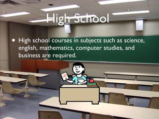 High School  High school courses in subjects such as science, english, mathematics, computer studies, and business are required. 