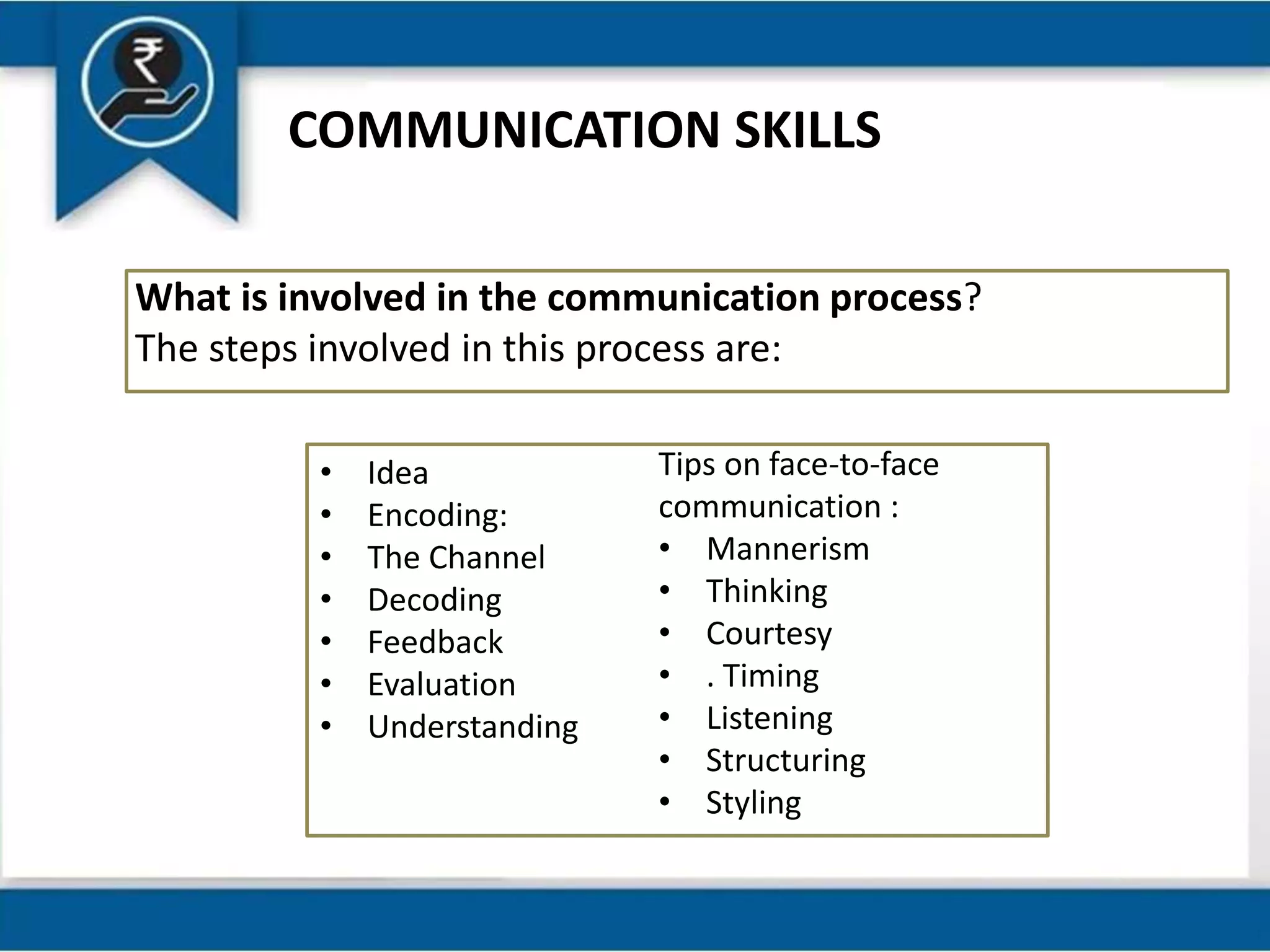 COMMUNICATION SKILLS
What is involved in the communication process?
The steps involved in this process are:
• Idea
• Encoding:
• The Channel
• Decoding
• Feedback
• Evaluation
• Understanding
Tips on face-to-face
communication :
• Mannerism
• Thinking
• Courtesy
• . Timing
• Listening
• Structuring
• Styling
 