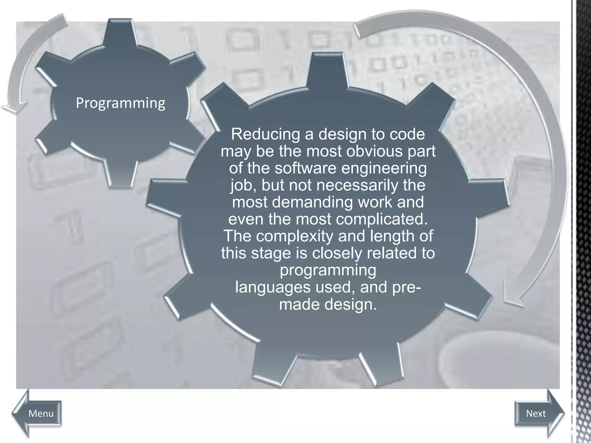 Programming
                       Reducing a design to code
                     may be the most obvious part
                      of the software engineering
                       job, but not necessarily the
                       most demanding work and
                      even the most complicated.
                     The complexity and length of
                     this stage is closely related to
                              programming
                        languages ​used, and pre-
                              made design.




Menu                                                    Next
 