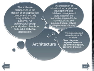The integration of
            The software          infrastructure, application
          architecture is the          development, and
       design of an application    database management
         component, usually           tools, capacity and
          using architecture      leadership required to be
             patterns. An             conceptualized and
         architectural design      projected future, solving
       generally describes how      the problems of today
         to build a software
             application.                       This is documented
                                                using diagrams, for
                                                      example:
                                              Class diagrams,
                                              Diagrams database,
                         Architecture         Deployment diagram,
                                              Sequence Diagram




Menu                                                              Next
 