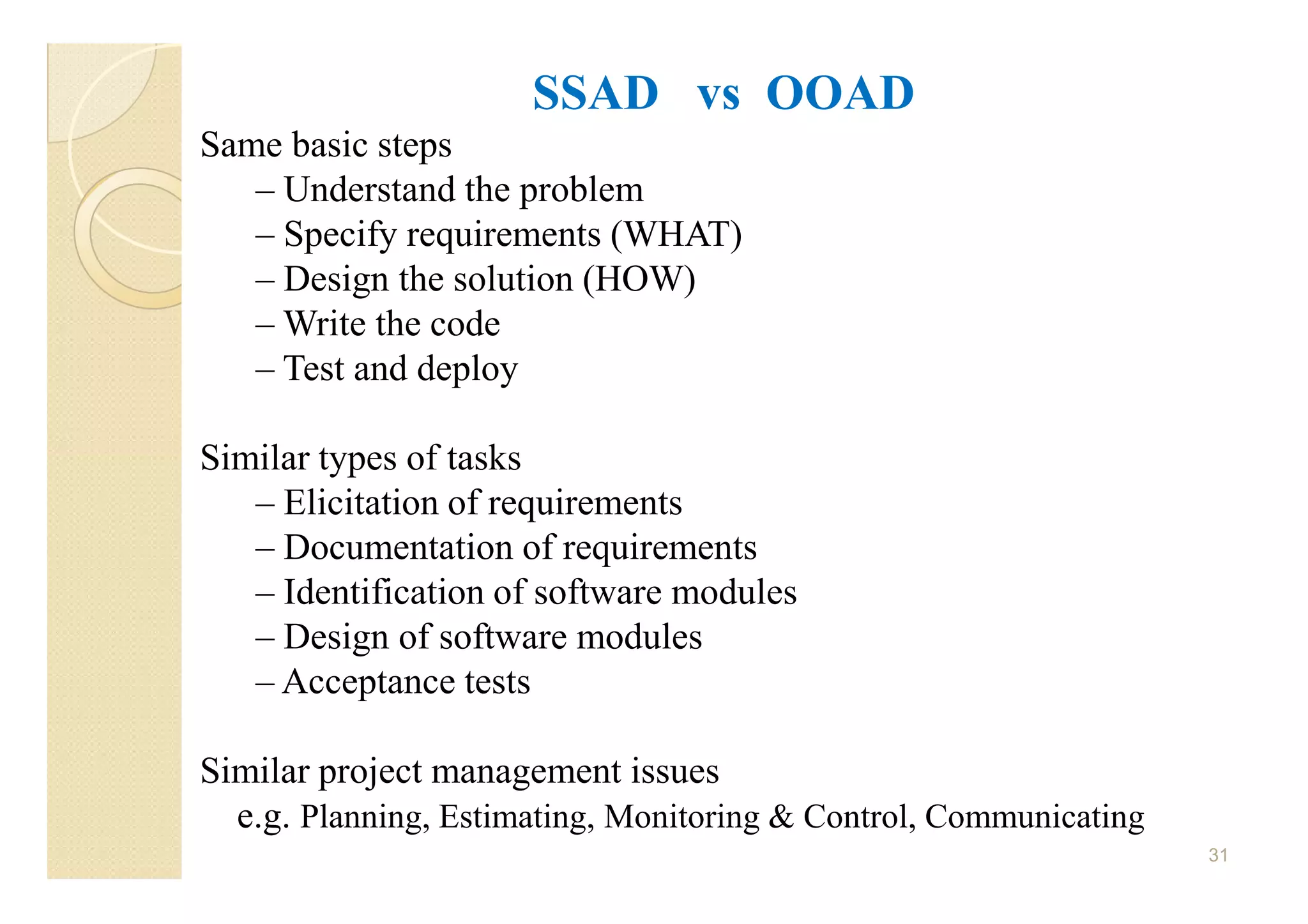 SSAD vs OOAD
Same basic steps
   – Understand the problem
   – Specify requirements (WHAT)
   – Design the solution (HOW)
   – Write the code
   – Test and deploy

Similar types of tasks
   – Elicitation of requirements
   – Documentation of requirements
   – Identification of software modules
   – Design of software modules
   – Acceptance tests

Similar project management issues
  e.g. Planning, Estimating, Monitoring & Control, Communicating
                                                                   31
 