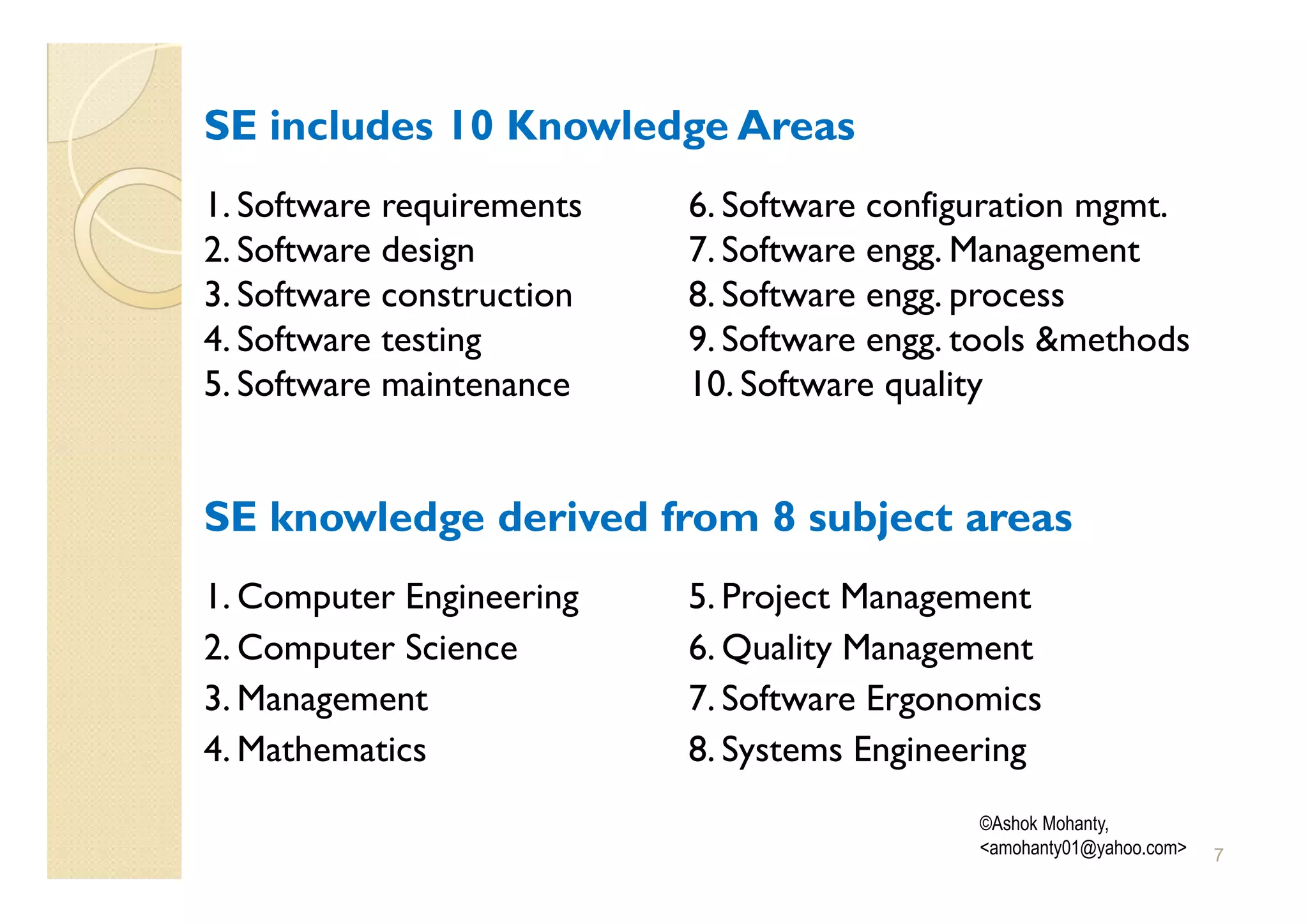 SE includes 10 Knowledge Areas
1. Software requirements   6. Software configuration mgmt.
2. Software design         7. Software engg. Management
3. Software construction   8. Software engg. process
4. Software testing        9. Software engg. tools &methods
5. Software maintenance    10. Software quality


SE knowledge derived from 8 subject areas
1. Computer Engineering    5. Project Management
2. Computer Science        6. Quality Management
3. Management              7. Software Ergonomics
4. Mathematics             8. Systems Engineering
                                             ©Ashok Mohanty,
                                             <amohanty01@yahoo.com>   7
 