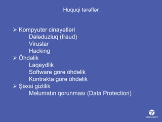 Huquqi tərəflər

 Kompyuter cinayətləri
Dələduzluq (fraud)
Viruslar
Hacking
 Öhdəlik
Laqeydlik
Software görə öhdəlik
Kontrakta görə öhdəlik
 Şəxsi gizlilik
Məlumatın qorunması (Data Protection)

 