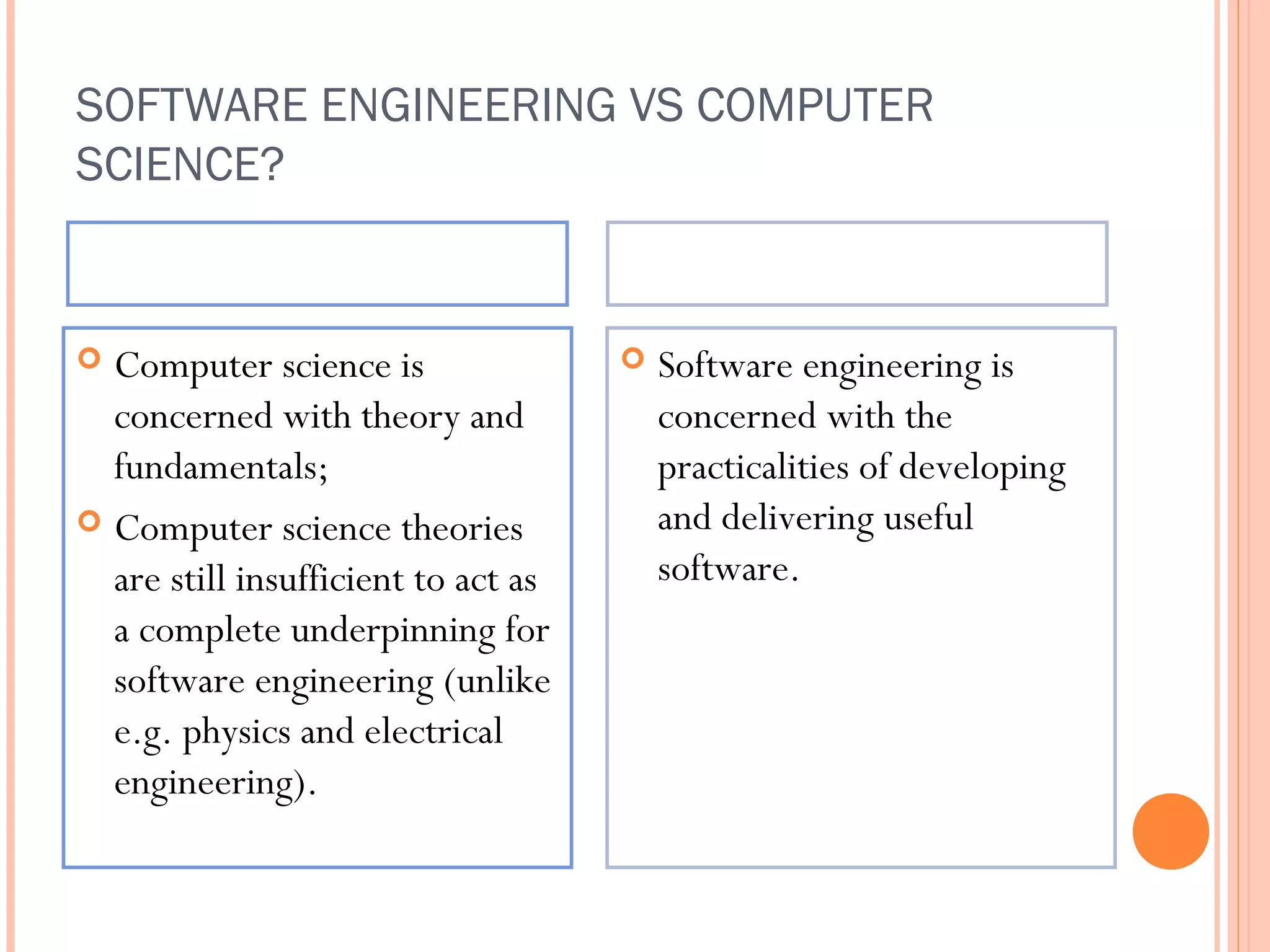 SOFTWARE ENGINEERING VS COMPUTER
SCIENCE?
Computer Science

Software Engineering

Computer science is
concerned with theory and
fundamentals;
 Computer science theories
are still insufficient to act as
a complete underpinning for
software engineering (unlike
e.g. physics and electrical
engineering).





Software engineering is
concerned with the
practicalities of developing
and delivering useful
software.

 