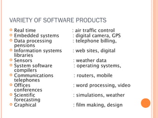 VARIETY OF SOFTWARE PRODUCTS











Real time
Embedded systems
Data processing
pensions
Information systems
libraries
Sensors
System software
compilers
Communications
telephones
Offices
conferences
Scientific
forecasting
Graphical

: air traffic control
: digital camera, GPS
: telephone billing,
: web sites, digital
: weather data
: operating systems,
: routers, mobile
: word processing, video
: simulations, weather
: film making, design

 
