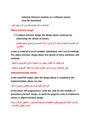 Cohesion between modules in a software system
must be maximized
‫ك‬ ‫يكون‬ ‫الزم‬ ‫وير‬ ‫بالسوفت‬ ‫الترابط‬ ‫او‬ ‫التماسك‬‫بير‬
Object-oriented design
 In object-oriented design the design phase continues by
elaborating the details of classes.
‫في‬‫التصميم‬‫ال‬ ‫اورينتد‬ ‫االوبكت‬‫تزال‬‫في‬‫مرحلة‬‫التصميم‬‫عن‬‫طريق‬‫وضع‬‫ت‬‫فاصيل‬
‫.الكالسزز‬
a class is made of a set of variables (attributes) and a set of methods.
The object-oriented design phase lists details of these attributes and
methods
‫والميثود‬ ‫االتربوتس‬ ‫اللي‬ ‫المتغيرات‬ ‫من‬ ‫يتكون‬ ‫الكالس‬ ‫انه‬ ‫يقولك‬ ‫هينا‬
‫والميثود‬ ‫االتربيوت‬ ‫حقت‬ ‫لست‬ ‫ديتيل‬ ‫لي‬ ‫تحط‬ ‫ديزاين‬ ‫اوريند‬ ‫االوبجكت‬ ‫وفي‬
IMPLEMENTATION PHASE:
In the waterfall model, after the design phase is completed, the
implementation phase can star
‫انفذ‬ ‫ابد‬ ‫تصميم‬ ‫مااخلص‬ ‫بعد‬ ‫مودل‬ ‫فول‬ ‫الواتر‬ ‫في‬
In this phase the programmers write the code for the modules in
procedure-oriented design, or write the program units to implement
classes in object-oriented design
‫البر‬ ‫يكتبون‬ ‫او‬ ‫للمصمين‬ ‫البرمجية‬ ‫التعليمات‬ ‫يكتوب‬ ‫المبرمجين‬ ‫شغل‬ ‫يبدا‬ ‫هينا‬‫يونت‬ ‫قرام‬
‫الكالسسز‬ ‫ينفذون‬ ‫عشان‬
 