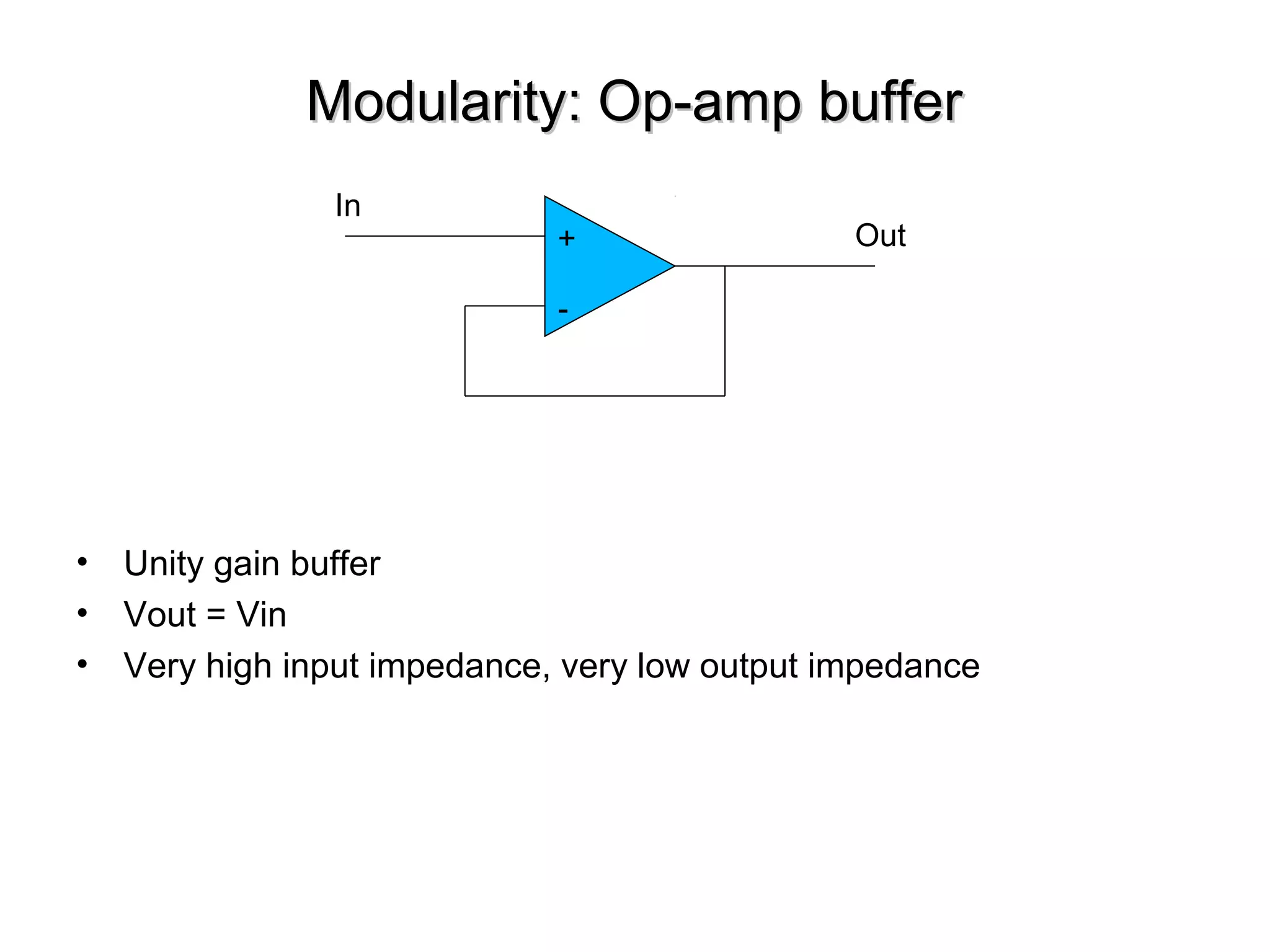 Modularity: Op-amp bufferModularity: Op-amp buffer
• Unity gain buffer
• Vout = Vin
• Very high input impedance, very low output impedance
+
-
In
Out
 