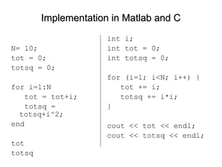Implementation in Matlab and CImplementation in Matlab and C
N= 10;
tot = 0;
totsq = 0;
for i=1:N
tot = tot+i;
totsq =
totsq+i^2;
end
tot
totsq
int i;
int tot = 0;
int totsq = 0;
for (i=1; i<N; i++) {
tot += i;
totsq += i*i;
}
cout << tot << endl;
cout << totsq << endl;
 
