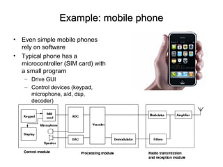 Example: mobile phoneExample: mobile phone
• Even simple mobile phones
rely on software
• Typical phone has a
microcontroller (SIM card) with
a small program
– Drive GUI
– Control devices (keypad,
microphone, a/d, dsp,
decoder)
 
