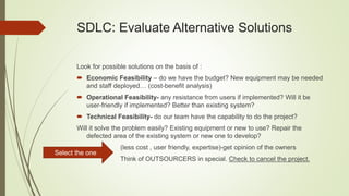 SDLC: Evaluate Alternative Solutions
Look for possible solutions on the basis of :
 Economic Feasibility – do we have the budget? New equipment may be needed
and staff deployed… (cost-benefit analysis)
 Operational Feasibility- any resistance from users if implemented? Will it be
user-friendly if implemented? Better than existing system?
 Technical Feasibility- do our team have the capability to do the project?
Will it solve the problem easily? Existing equipment or new to use? Repair the
defected area of the existing system or new one to develop?
(less cost , user friendly, expertise)-get opinion of the owners
Think of OUTSOURCERS in special. Check to cancel the project.
Select the one
 