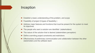 Inception
 Establish a basic understanding of the problem, and scope
 Feasibility of project (3-types of feasibility )
 Address major features and functions that must be present for the system to meet
its objectives.
 The people who want a solution are identified (stakeholders)
 The nature of the solution that is desired (stakeholders perception)
 Define overriding project constraints and restrictions
 Effectiveness of preliminary communication and collaboration between the other
stakeholders and the software team
 