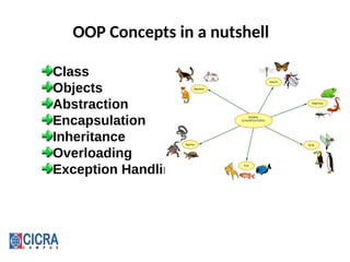 OOP Concepts in a nutshell
Class
Objects
Abstraction
Encapsulation
Inheritance
Overloading
Exception Handling
 
