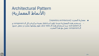 Architectural Pattern
(‫المعمارية‬ ‫)األنماط‬
■‫المخزن‬ ‫معمارية‬( :repository architecture)
–‫لدينا‬ ‫يكون‬ ‫عندما‬ ‫المعمارية‬ ‫هذه‬ ‫تستخدم‬data‫ال‬ ‫كل‬ ‫و‬ ‫مركزية‬ ‫معينة‬component‫و‬
‫ال‬sub system‫ال‬ ‫هذه‬ ‫استخدام‬ ‫تريد‬data‫جميع‬ ‫نجعل‬ ‫و‬ ‫بمخزن‬ ‫بوضعها‬ ‫نقوم‬ ‫لذلك‬
‫ال‬component‫المخزن‬ ‫هذا‬ ‫مع‬ ‫تتصل‬.
134
 