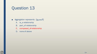 Question 13
■ Aggregation represents (‫التجميع‬)
A. is_a relationship
B. part_of relationship
C. composed_of relationship
D. none of above
224
 