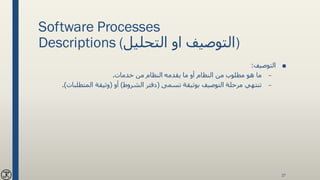 Software Processes
Descriptions (‫التحليل‬ ‫او‬ ‫)التوصيف‬
■‫التوصيف‬:
–‫خدمات‬ ‫من‬ ‫النظام‬ ‫يقدمه‬ ‫ما‬ ‫أو‬ ‫النظام‬ ‫من‬ ‫مطلوب‬ ‫هو‬ ‫ما‬.
–‫تسمى‬ ‫بوثيقة‬ ‫التوصيف‬ ‫مرحلة‬ ‫تنتهي‬(‫الشروط‬ ‫دفتر‬)‫أو‬(‫المتطلبات‬ ‫وثيقة‬.)
27
 