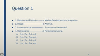 Question 1
■ 1. RequirementElicitation ------- a. Module Development and integration.
■ 2. Design -----------------------------------b. Analysis.
■ 3. Implementation --------------------c. Structure and behavioral.
■ 4. Maintenance ------------------------d. Performancetuning.
A. 1-c , 2-a , 3-d , 4-b
B. 1-c , 2-a , 3-b , 4-d
C. 1-a , 2-c , 3-d , 4-b
D. 1-b , 2-c , 3-a , 4-d
31
 