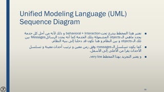 Unified Modeling Language (UML)
Sequence Diagram
■‫تحت‬ ‫يندرج‬ ‫المخطط‬ ‫هذا‬ ‫نعتبر‬behavioral + Interaction‫خدمة‬ ‫كل‬ ‫أجل‬ ‫من‬ ‫ألنه‬ ‫ذلك‬ ‫و‬
‫ال‬ ‫ماهي‬ ‫يحدد‬objects‫الرسائل‬ ‫يحدد‬ ‫أنه‬ ‫كما‬ ‫الخدمة‬ ‫بتلك‬ ‫المشمولة‬Messages‫بين‬
‫ال‬ ‫تلك‬objects‫النظام‬ ‫بنية‬ ‫إلى‬ ‫دخلنا‬ ‫قد‬ ‫نكون‬ ‫هنا‬ ‫و‬ ‫النظام‬ ‫بين‬ ‫و‬.
■‫ال‬ ‫تسلسل‬ ‫يكون‬ ‫كما‬messages‫تسلسل‬ ‫و‬ ‫معينة‬ ‫أحداث‬ ‫ترتيب‬ ‫و‬ ‫معين‬ ‫زمن‬ ‫وفق‬
‫األسفل‬ ‫إلى‬ ‫األعلى‬ ‫من‬ ‫يقرأ‬ ‫األحداث‬.
■‫المخطط‬ ‫بهذا‬ ‫التجريد‬ ‫يعتبر‬ ‫و‬very low.
96
 