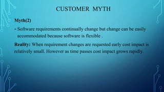 CUSTOMER MYTH
Myth(2)
- Software requirements continually change but change can be easily
accommodated because software is flexible .
Reality: When requirement changes are requested early cost impact is
relatively small. However as time passes cost impact grows rapidly.
 
