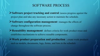 SOFTWARE PROCESS
Software project tracking and control :assess progress against the
project plan and take any necessary action to maintain the schedule.
Software configuration management :manages the effects of
change throughout the software process.
Reusability management :defines criteria for work product reuse and
establishes mechanisms to achieve reusable components.
Work product preparation and production : create work products
such as models, documents, logs, forms, and lists.in the schedule
 