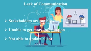 Lack of Communication
 Stakeholders are too busy
 Unable to get more information
 Not able to update client
 