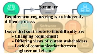 Summary
Requirement engineering is an inherently
difficult process
Issues that contribute to this difficulty are
- Changing requirement
- Differing views of system stakeholders
- Lack of communication between
engineer and client
 