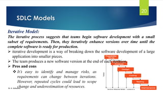 SDLC Models
Dr. K. Adisesha
20
Iterative Model:
The iterative process suggests that teams begin software development with a small
subset of requirements. Then, they iteratively enhance versions over time until the
complete software is ready for production.
➢ iterative development is a way of breaking down the software development of a large
application into smaller pieces.
➢ The team produces a new software version at the end of each iteration.
➢ Pros and cons
❖ It’s easy to identify and manage risks, as
requirements can change between iterations.
However, repeated cycles could lead to scope
change and underestimation of resources.
 