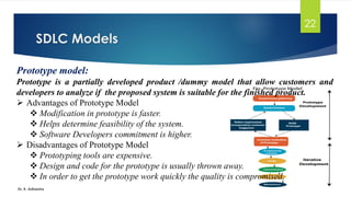 SDLC Models
Dr. K. Adisesha
22
Prototype model:
Prototype is a partially developed product /dummy model that allow customers and
developers to analyze if the proposed system is suitable for the finished product.
➢ Advantages of Prototype Model
❖ Modification in prototype is faster.
❖ Helps determine feasibility of the system.
❖ Software Developers commitment is higher.
➢ Disadvantages of Prototype Model
❖ Prototyping tools are expensive.
❖ Design and code for the prototype is usually thrown away.
❖ In order to get the prototype work quickly the quality is compromised.
 
