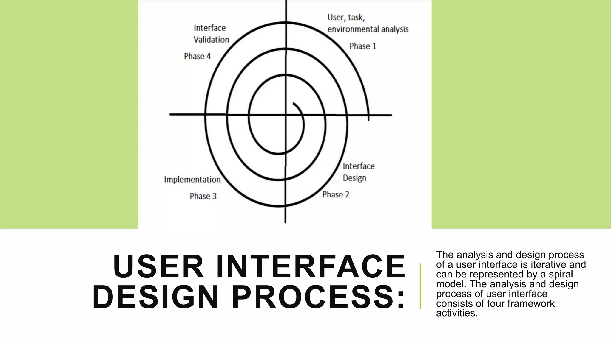 USER INTERFACE
DESIGN PROCESS:
The analysis and design process
of a user interface is iterative and
can be represented by a spiral
model. The analysis and design
process of user interface
consists of four framework
activities.
 