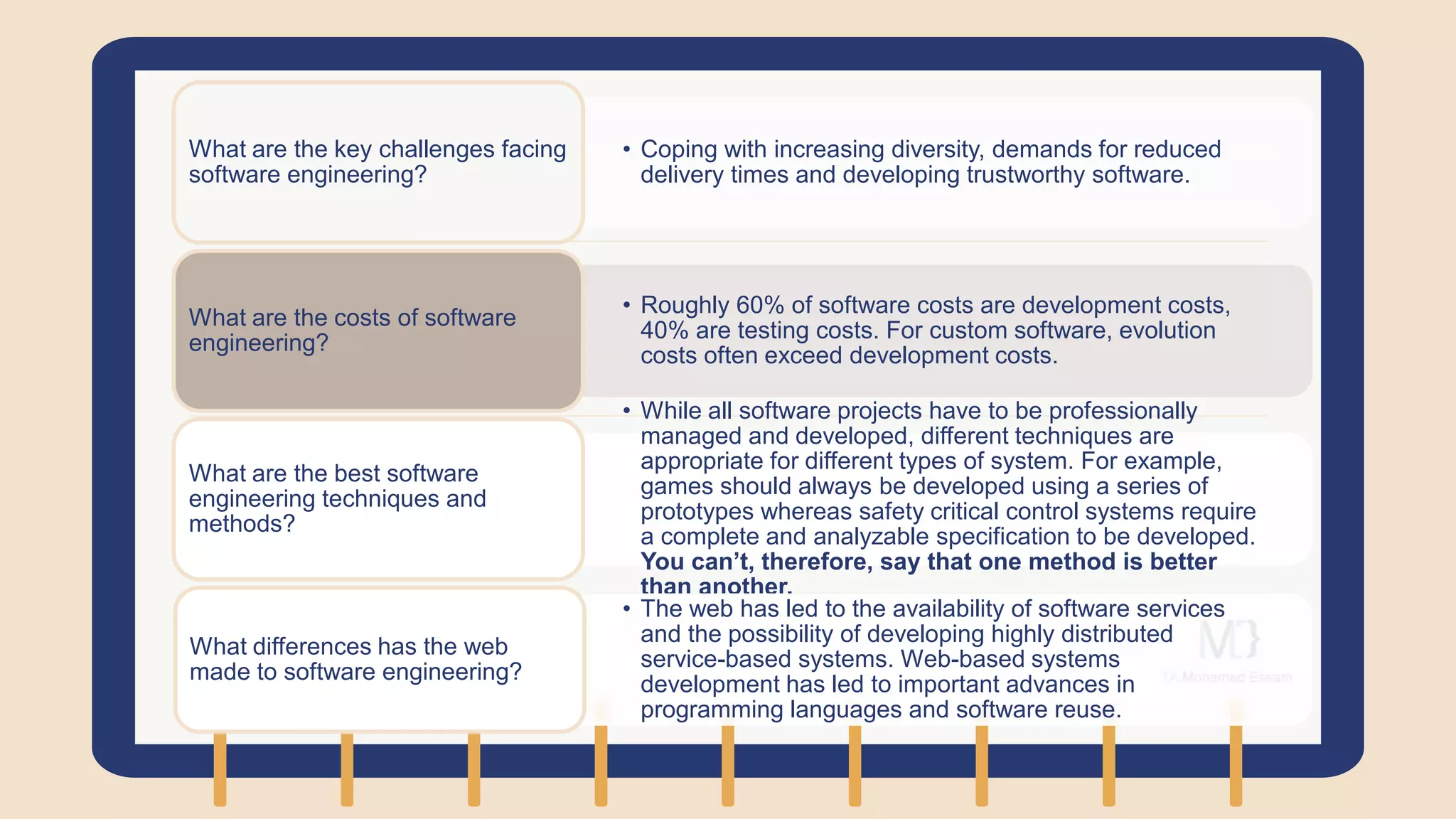 • Coping with increasing diversity, demands for reduced
delivery times and developing trustworthy software.
What are the key challenges facing
software engineering?
• Roughly 60% of software costs are development costs,
40% are testing costs. For custom software, evolution
costs often exceed development costs.
What are the costs of software
engineering?
• While all software projects have to be professionally
managed and developed, different techniques are
appropriate for different types of system. For example,
games should always be developed using a series of
prototypes whereas safety critical control systems require
a complete and analyzable specification to be developed.
You can’t, therefore, say that one method is better
than another.
What are the best software
engineering techniques and
methods?
• The web has led to the availability of software services
and the possibility of developing highly distributed
service-based systems. Web-based systems
development has led to important advances in
programming languages and software reuse.
What differences has the web
made to software engineering?
 