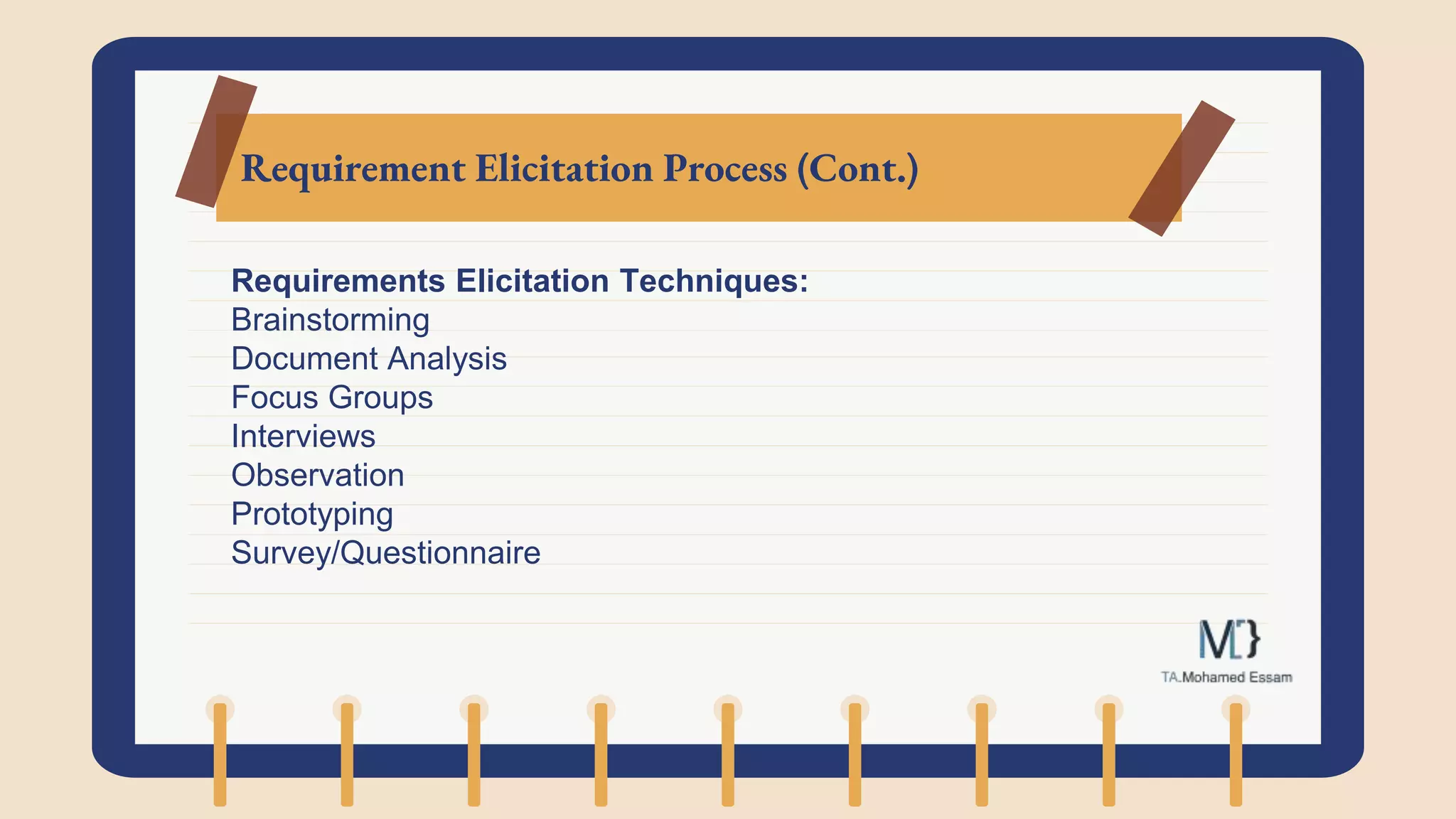 Requirement Elicitation Process (Cont.)
Requirements Elicitation Techniques:
Brainstorming
Document Analysis
Focus Groups
Interviews
Observation
Prototyping
Survey/Questionnaire
 