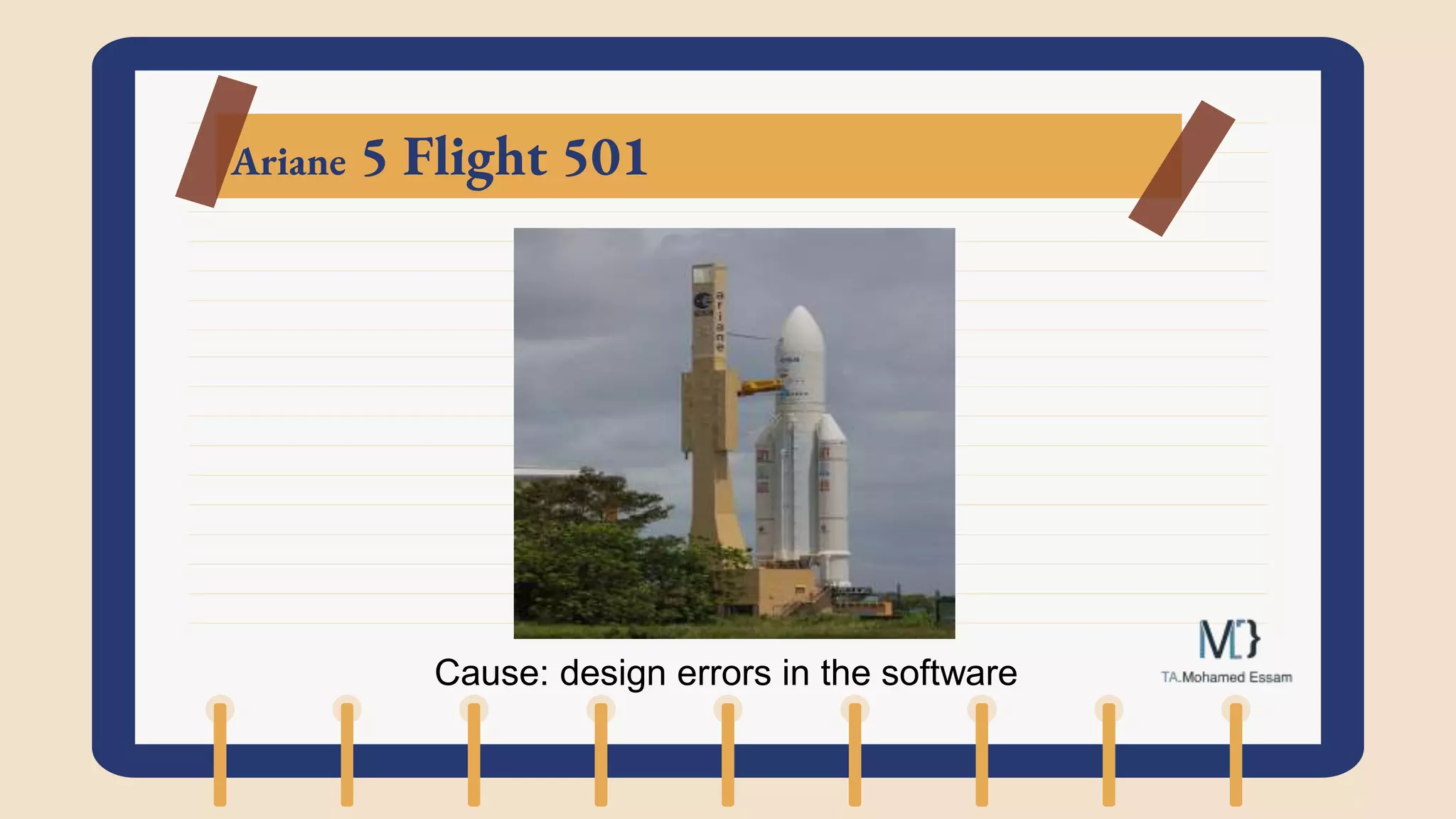 Ariane 5 Flight 501
Cause: design errors in the software
 