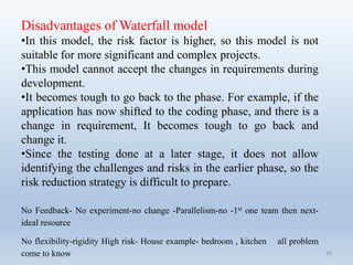 26
Disadvantages of Waterfall model
•In this model, the risk factor is higher, so this model is not
suitable for more significant and complex projects.
•This model cannot accept the changes in requirements during
development.
•It becomes tough to go back to the phase. For example, if the
application has now shifted to the coding phase, and there is a
change in requirement, It becomes tough to go back and
change it.
•Since the testing done at a later stage, it does not allow
identifying the challenges and risks in the earlier phase, so the
risk reduction strategy is difficult to prepare.
No Feedback- No experiment-no change -Parallelism-no -1st one team then next-
ideal resource
No flexibility-rigidity High risk- House example- bedroom , kitchen all problem
come to know
 