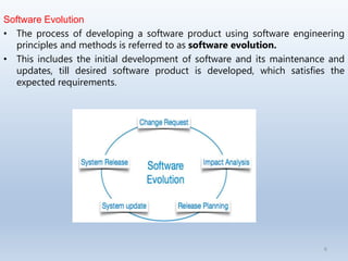 Software Evolution
• The process of developing a software product using software engineering
principles and methods is referred to as software evolution.
• This includes the initial development of software and its maintenance and
updates, till desired software product is developed, which satisfies the
expected requirements.
6
 