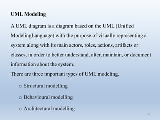 65
UML Modeling
A UML diagram is a diagram based on the UML (Unified
ModelingLanguage) with the purpose of visually representing a
system along with its main actors, roles, actions, artifacts or
classes, in order to better understand, alter, maintain, or document
information about the system.
There are three important types of UML modeling.
o Structural modelling
o Behavioural modelling
o Architectural modelling
 