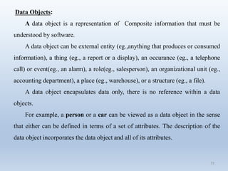 73
Data Objects:
A data object is a representation of Composite information that must be
understood by software.
A data object can be external entity (eg.,anything that produces or consumed
information), a thing (eg., a report or a display), an occurance (eg., a telephone
call) or event(eg., an alarm), a role(eg., salesperson), an organizational unit (eg.,
accounting department), a place (eg., warehouse), or a structure (eg., a file).
A data object encapsulates data only, there is no reference within a data
objects.
For example, a person or a car can be viewed as a data object in the sense
that either can be defined in terms of a set of attributes. The description of the
data object incorporates the data object and all of its attributes.
 