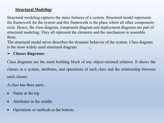 74
Structural Modeling:
Structural modeling captures the static features of a system. Structural model represents
the framework for the system and this framework is the place where all other components
exist. Hence, the class diagram, component diagram and deployment diagrams are part of
structural modeling. They all represent the elements and the mechanism to assemble
them.
The structural model never describes the dynamic behavior of the system. Class diagram
is the most widely used structural diagram.
 Classes diagrams:
Class diagrams are the main building block of any object-oriented solution. It shows the
classes in a system, attributes, and operations of each class and the relationship between
each classes.
A class has three parts :
 Name at the top
 Attributes in the middle
 Operations or methods at the bottom.
 