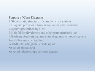 97
Purpose of Class Diagrams
1.Shows static structure of classifiers in a system
2.Diagram provides a basic notation for other structure
diagrams prescribed by UML
3.Helpful for developers and other team members too
4.Business Analysts can use class diagrams to model systems
from a business perspective
A UML class diagram is made up of:
•A set of classes and
•A set of relationships between classes
 