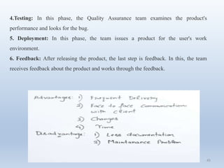 45
4.Testing: In this phase, the Quality Assurance team examines the product's
performance and looks for the bug.
5. Deployment: In this phase, the team issues a product for the user's work
environment.
6. Feedback: After releasing the product, the last step is feedback. In this, the team
receives feedback about the product and works through the feedback.
 