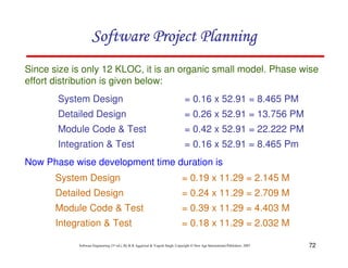 72
Software Engineering (3rd ed.), By K.K Aggarwal  Yogesh Singh, Copyright © New Age International Publishers, 2007
Since size is only 12 KLOC, it is an organic small model. Phase wise
effort distribution is given below:
System Design = 0.16 x 52.91 = 8.465 PM
Detailed Design = 0.26 x 52.91 = 13.756 PM
Module Code  Test = 0.42 x 52.91 = 22.222 PM
Integration  Test = 0.16 x 52.91 = 8.465 Pm
123456789A72B8C49AD6EEFE
123456789A72B8C49AD6EEFE
123456789A72B8C49AD6EEFE
123456789A72B8C49AD6EEFE
Now Phase wise development time duration is
System Design = 0.19 x 11.29 = 2.145 M
Detailed Design = 0.24 x 11.29 = 2.709 M
Module Code  Test = 0.39 x 11.29 = 4.403 M
Integration  Test = 0.18 x 11.29 = 2.032 M
 
