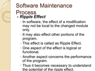 Software Maintenance
Process
 Ripple Effect
￨ In software, the effect of a modification
may not be local to the changed module
only.
￨ It may also effect other portions of the
program.
￨ This effect is called as Ripple Effect.
￨ One aspect of the effect is logical or
functional.
￨ Another aspect concerns the performance
of the program.
￨ Thus it becomes necessary to understand
the potential of the ripple effect.
 