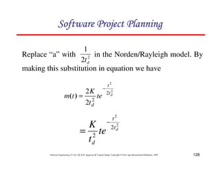 128
Software Engineering (3rd ed.), By K.K Aggarwal  Yogesh Singh, Copyright © New Age International Publishers, 2007
Replace “a” with in the Norden/Rayleigh model. By
making this substitution in equation we have
2
2
1
d
t
2
2
2
2
2
2 d
t
t
d
te
t
K
t
m
−
=
)
(
2
2
2
2
d
t
t
d
te
t
K −
=
123456789A72B8C49AD6EEFE
123456789A72B8C49AD6EEFE
123456789A72B8C49AD6EEFE
123456789A72B8C49AD6EEFE
 