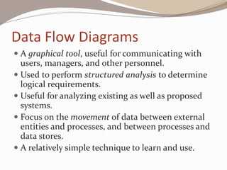 Data Flow Diagrams
 A graphical tool, useful for communicating with
users, managers, and other personnel.
 Used to perform structured analysis to determine
logical requirements.
 Useful for analyzing existing as well as proposed
systems.
 Focus on the movement of data between external
entities and processes, and between processes and
data stores.
 A relatively simple technique to learn and use.
 